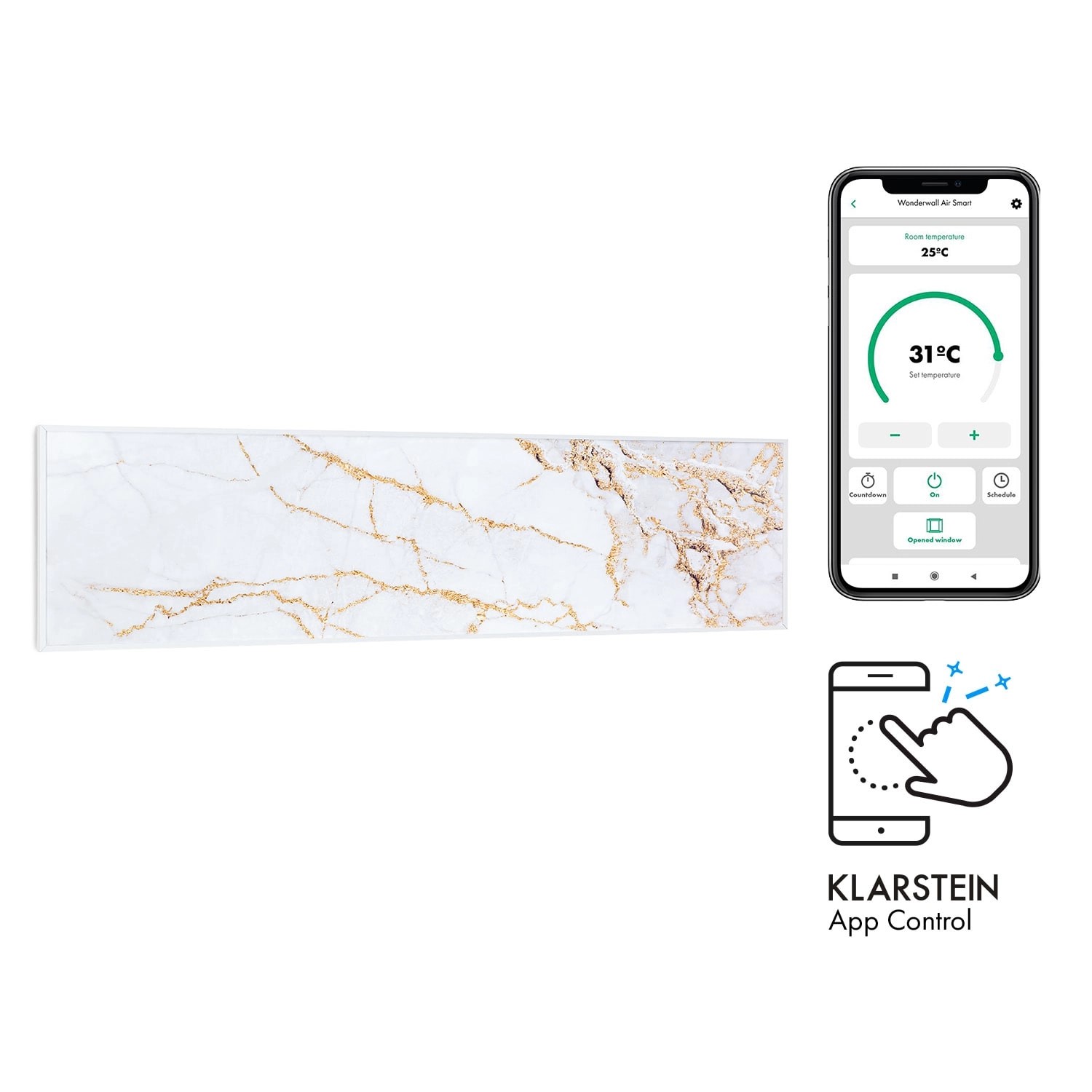 Klarstein Wonderwall Air Art Smart Infrarotheizung 120x30 cm 350 W Wandinstallation App-Steuerung Motiv Marmor Weiß von Klarstein