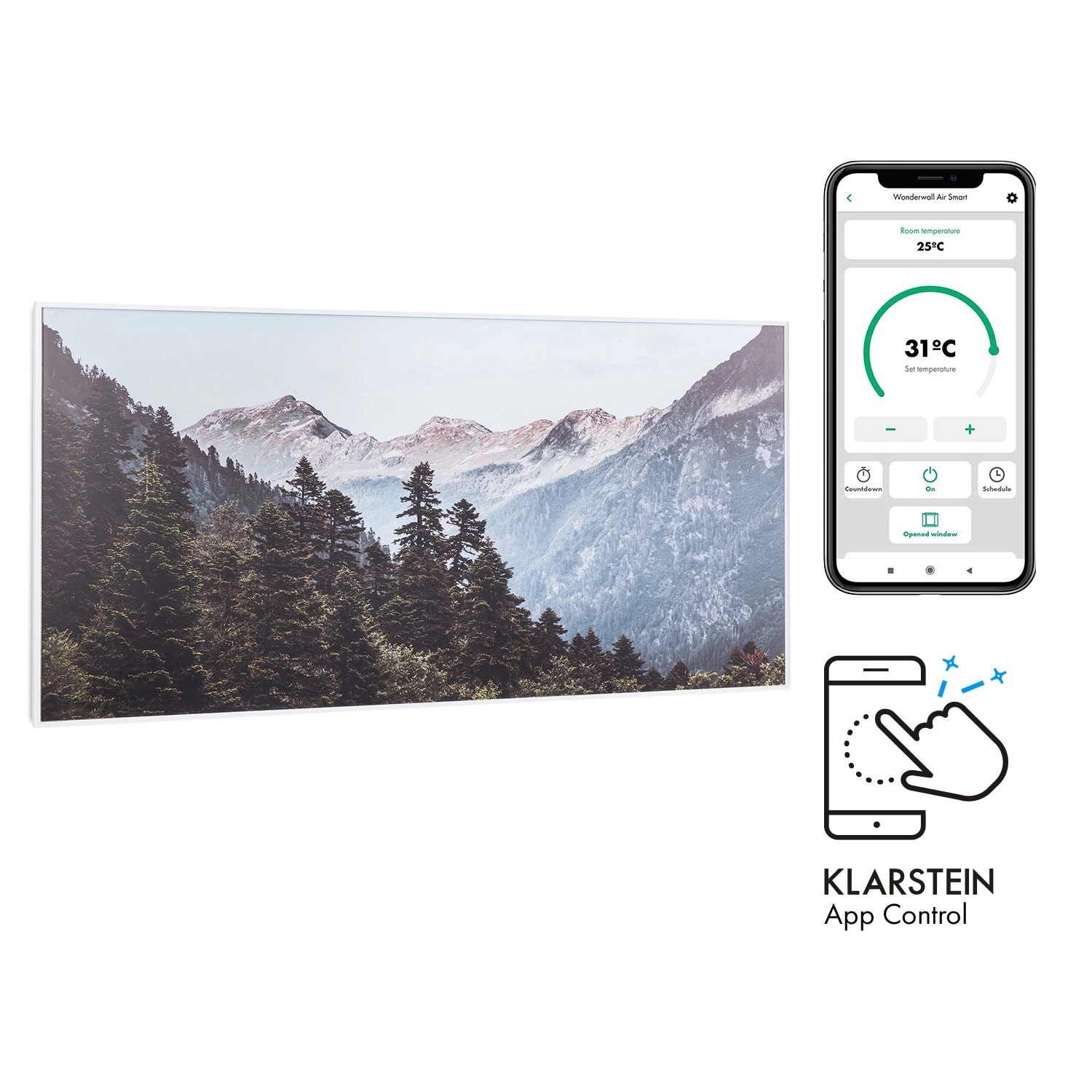 Klarstein Wonderwall Air Art Smart Infrarotheizung 120x60 cm 700 W Wandinstallation App-Steuerung Motiv Berge Weiß von Klarstein