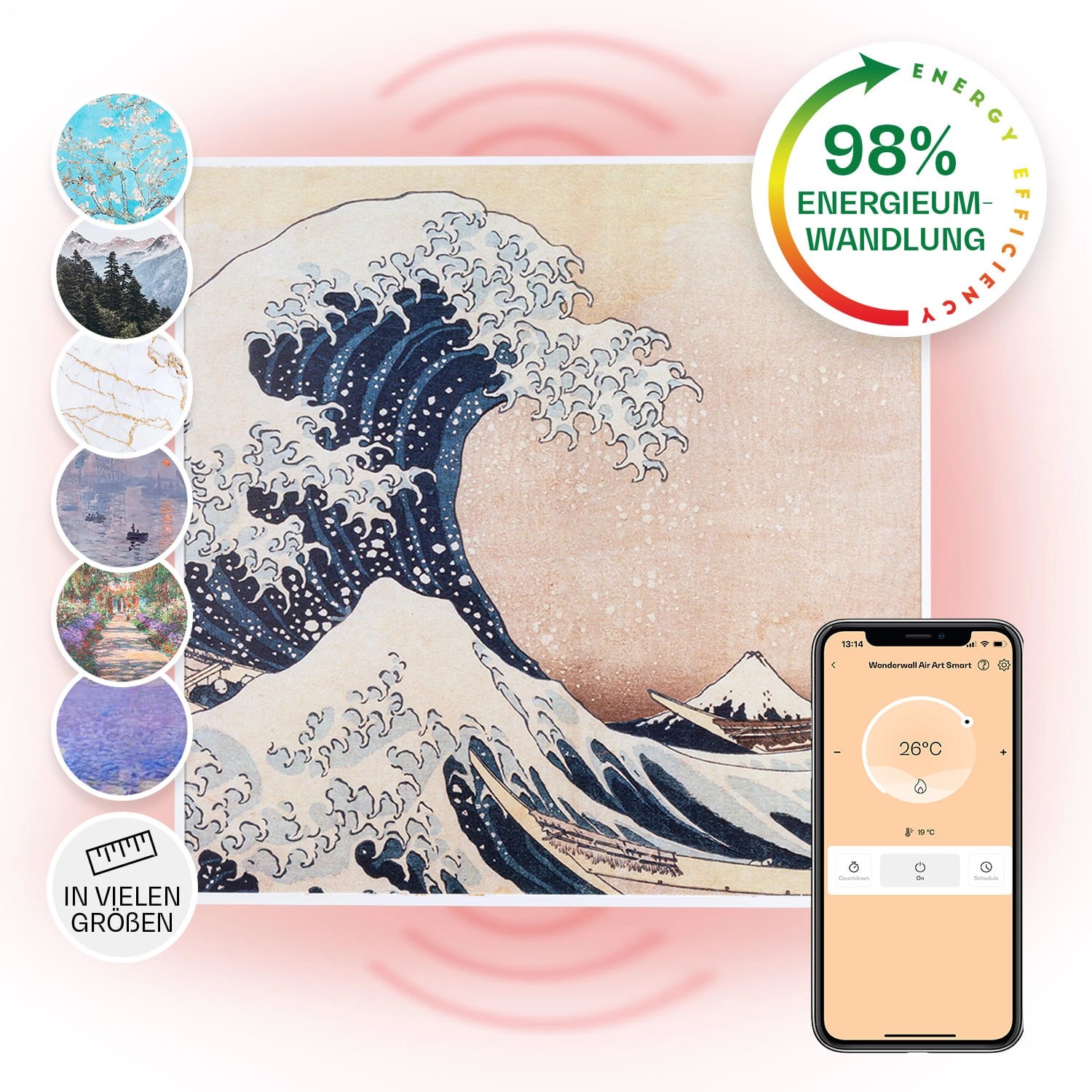 Klarstein Wonderwall Air Art Smart Infrarotheizung 60x60 cm 350 W Wandinstallation App-Steuerung Motiv Wellen Weiß von Klarstein