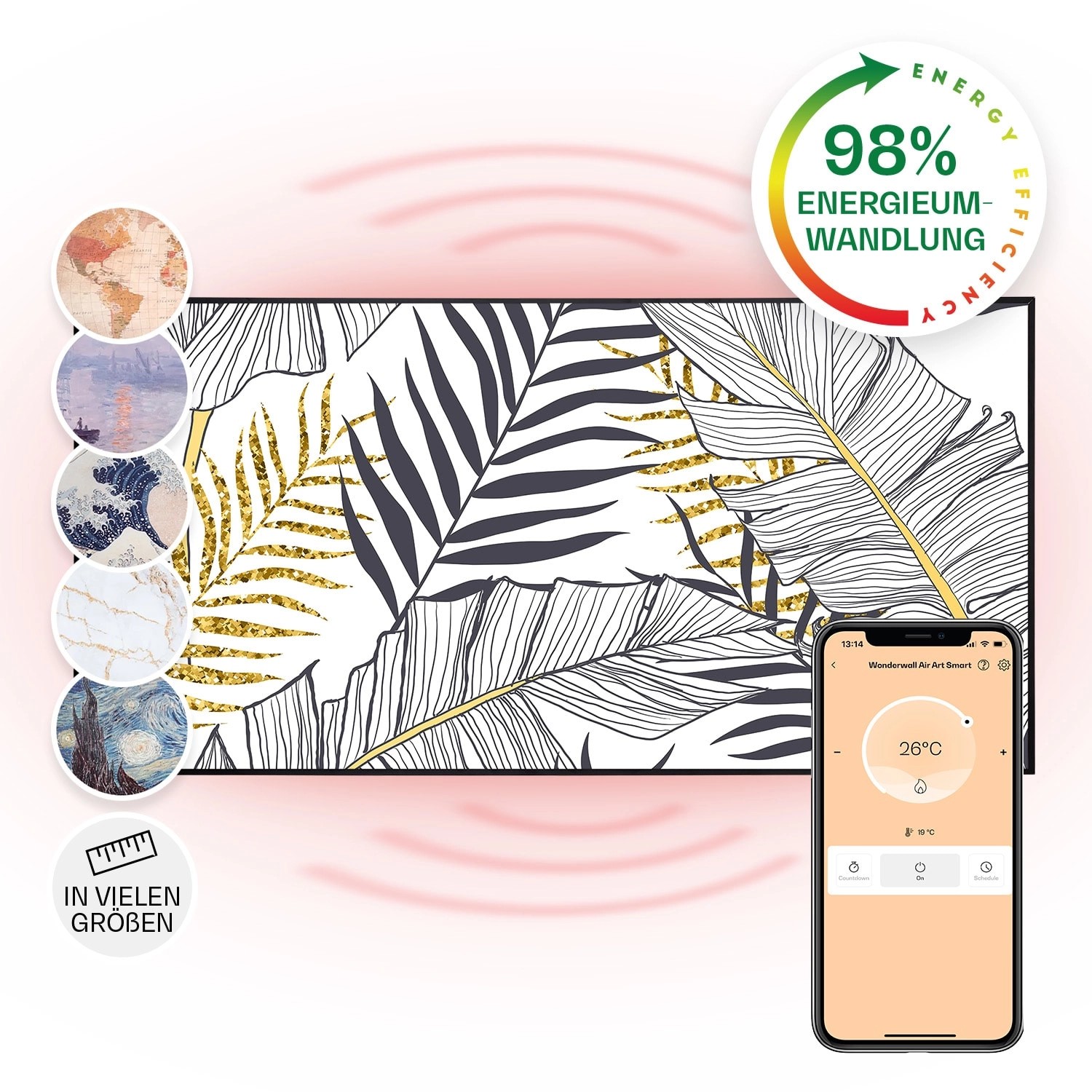 Klarstein Wonderwall Air Art Smart Infrarotheizung Wandinstallation App-Steuerung Motiv Blatt 120x60 cm 700 W Schwarz von Klarstein