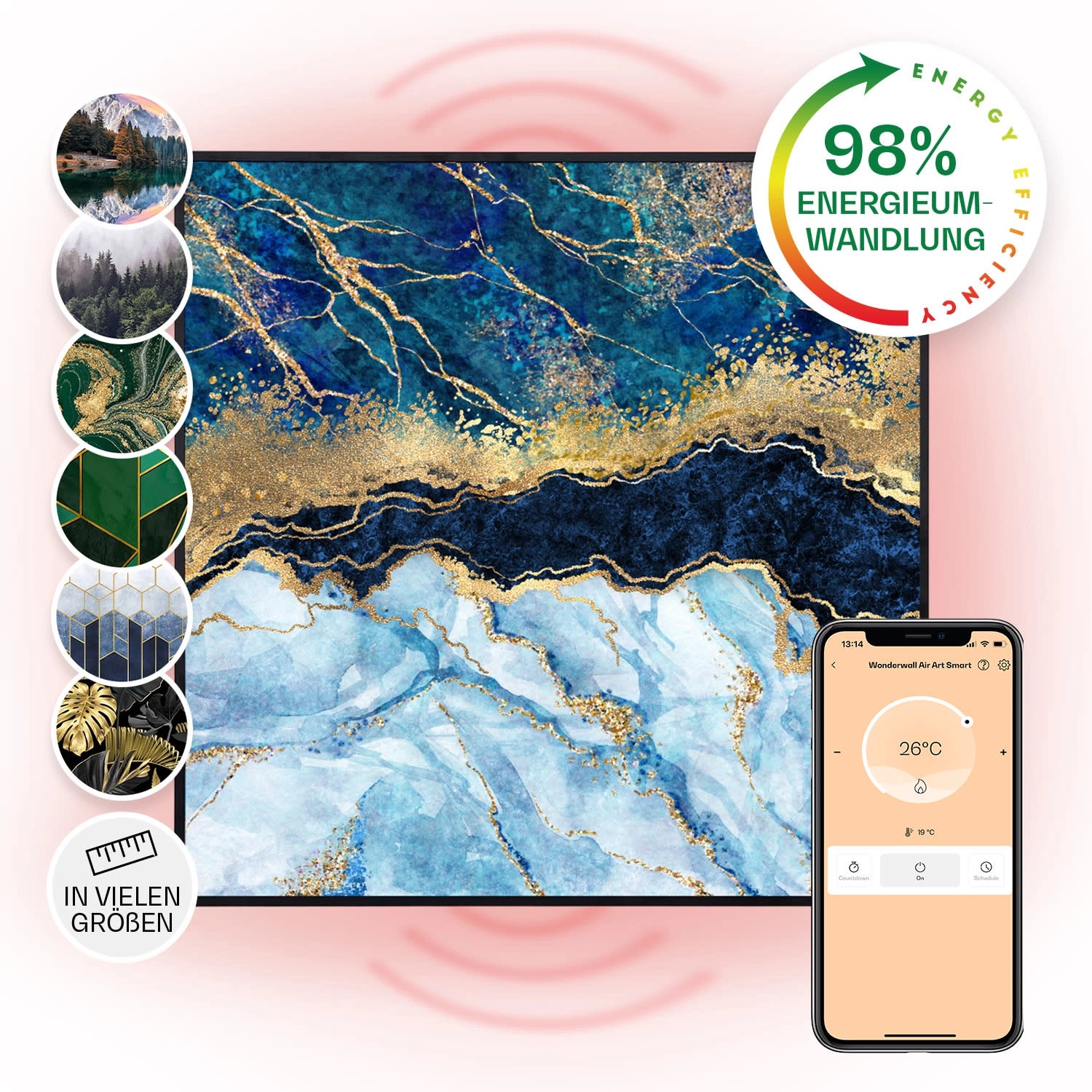 Klarstein Wonderwall Air Art Smart Infrarotheizung Wandinstallation App-Steuerung Motiv Blauer Marmor 60x60 cm 350 W Schwarz von Klarstein