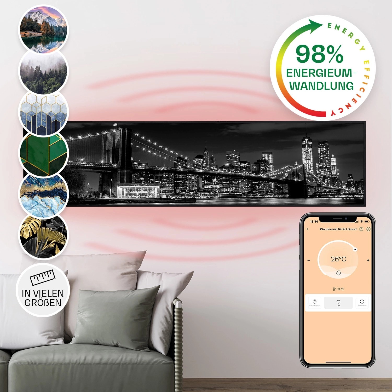 Klarstein Wonderwall Air Art Smart Infrarotheizung Wandinstallation App-Steuerung Motiv Brücke 120x30 cm 350 W Schwarz von Klarstein