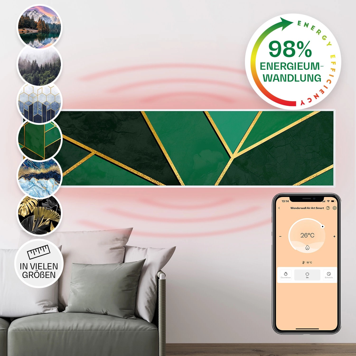 Klarstein Wonderwall Air Art Smart Infrarotheizung Wandinstallation App-Steuerung Motiv Grüne Linie 120x30 cm 350 W Weiß von Klarstein