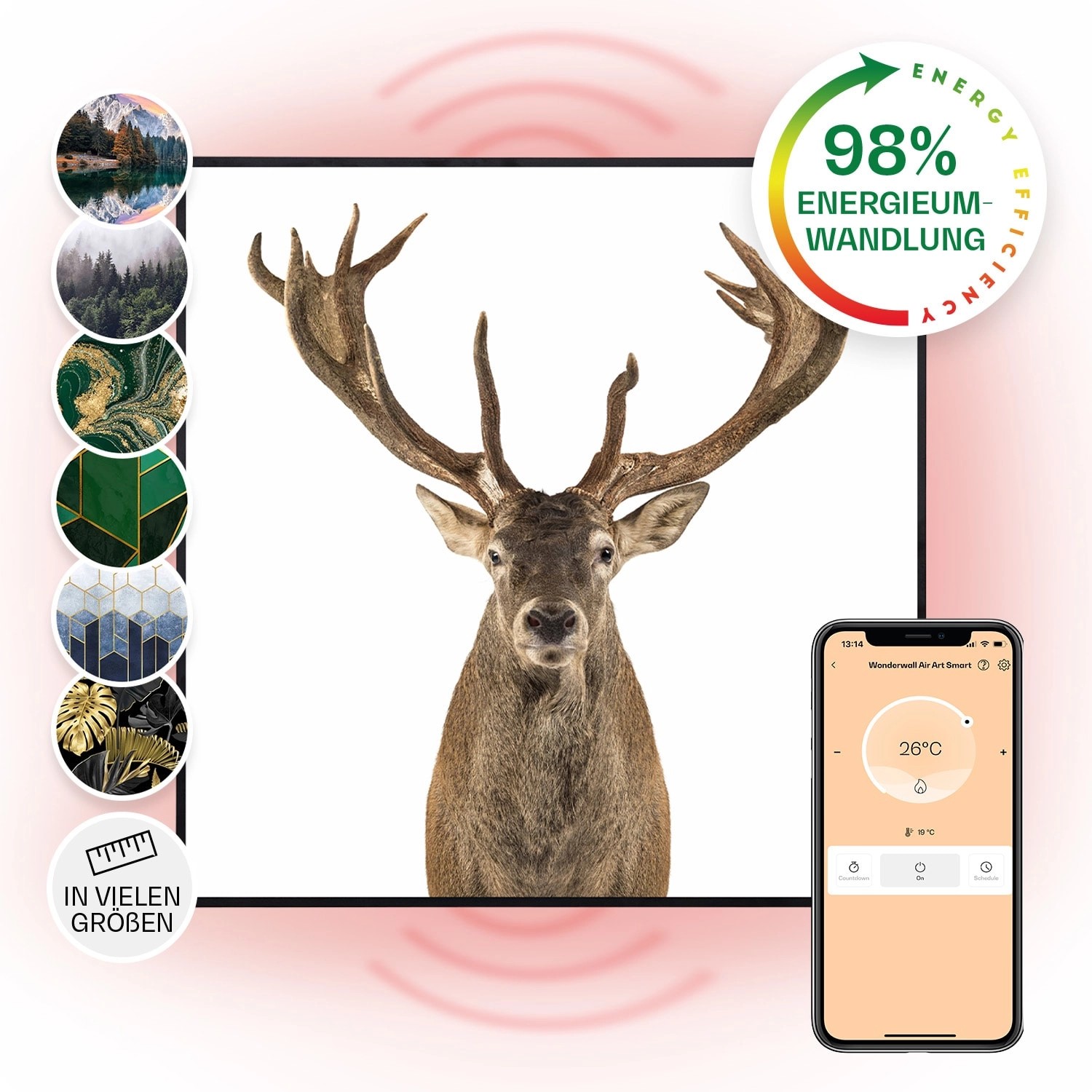 Klarstein Wonderwall Air Art Smart Infrarotheizung Wandinstallation App-Steuerung Motiv Hirsch 60x60 cm 350 W Schwarz von Klarstein