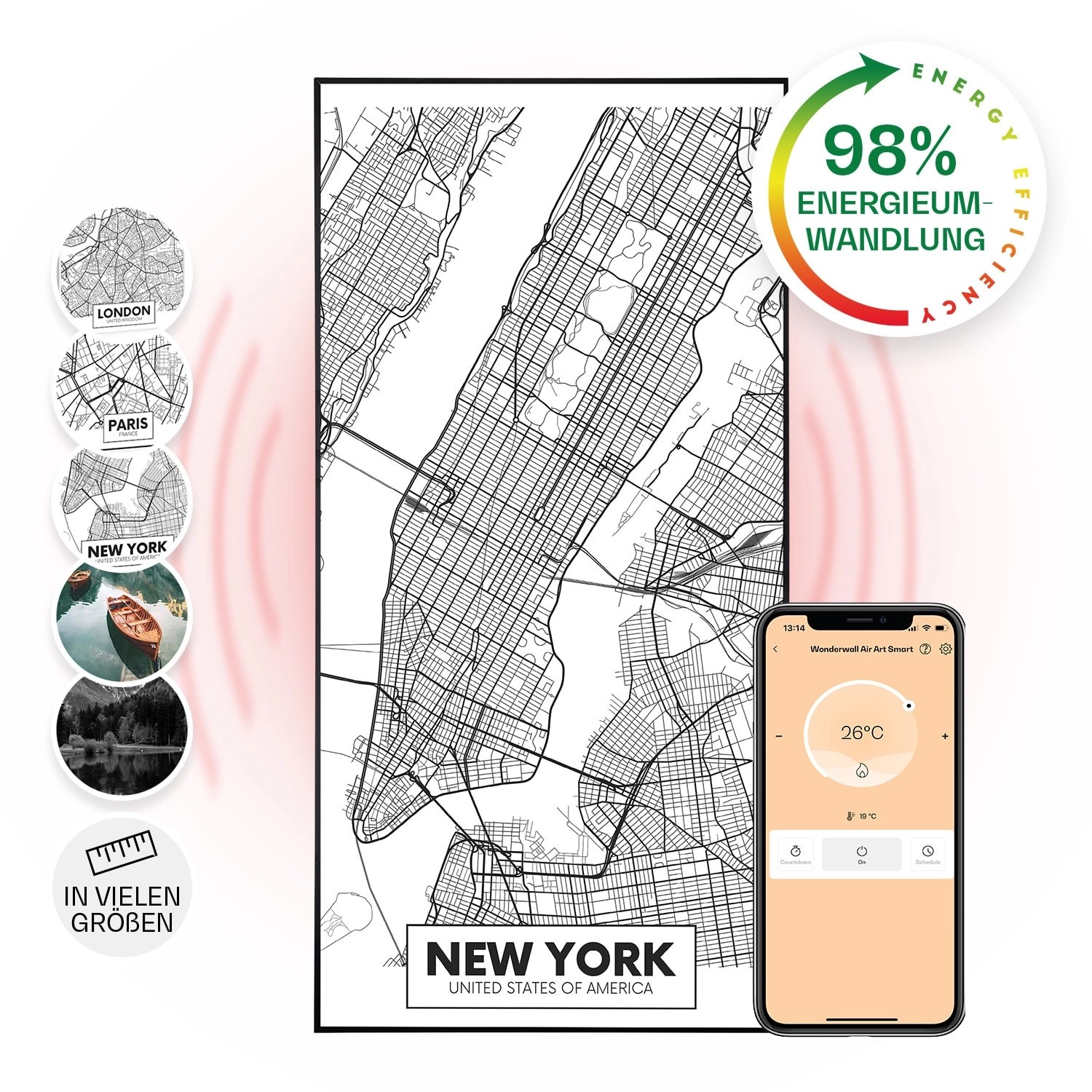 Klarstein Wonderwall Air Art Smart Infrarotheizung Wandinstallation App-Steuerung Motiv Map New York 60x120 cm 700 W Schwarz von Klarstein