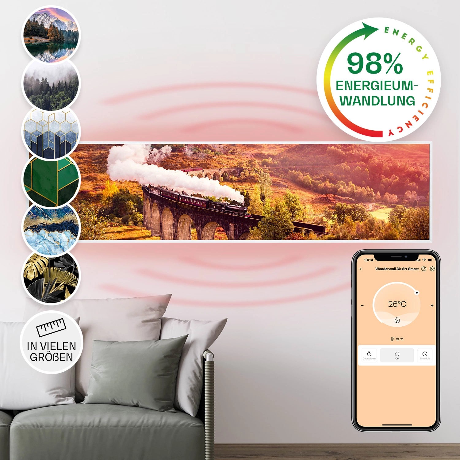 Klarstein Wonderwall Air Art Smart Infrarotheizung Wandinstallation App-Steuerung Motiv Zug 120x30 cm 350 W Weiß von Klarstein