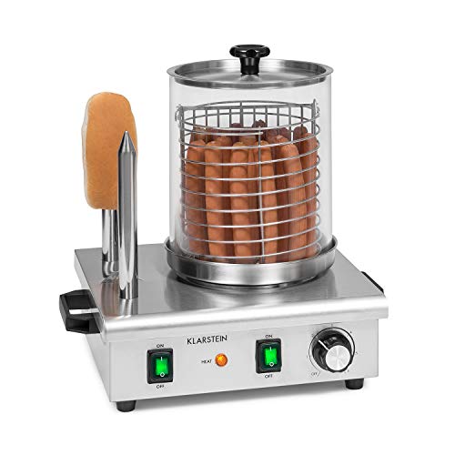 Klarstein Wurstfabrik Pro 550 Hot Dog Maker, 550 Watt, 2 Heizspieße, Temperaturregler 30-100 °C, Glaszylinder: Ø 20 cm, Edelstahlkäfig: Ø 17 cm, Edelstahlgehäuse,Profi Würstchenkocher, silber von Klarstein