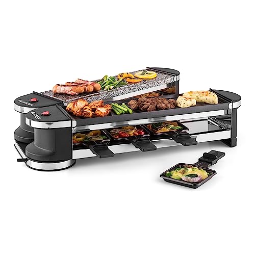 Verwöhne Dich mit Zartschmelzendem, Köstlichem Käse, Klarstein Raclette-Tischgrill mit 2 Grillflächen, 8 Pfännchen und Schaber, 1200 W Raclette-Grill von Klarstein