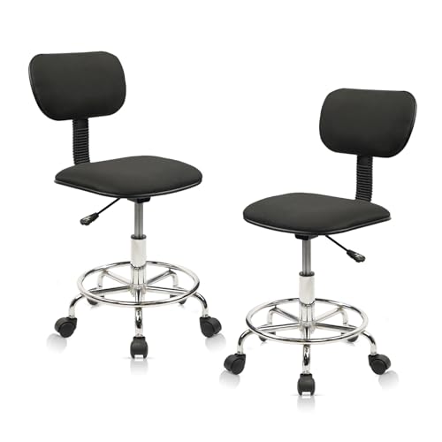 Klasika Drehhocker mit Rückenlehne Fußring und Rollen höhenverstellbar Multifunktion Schreibtischstuhl für Homeoffice Bar Küche Werkstatt Schwarz 2er Set von Klasika