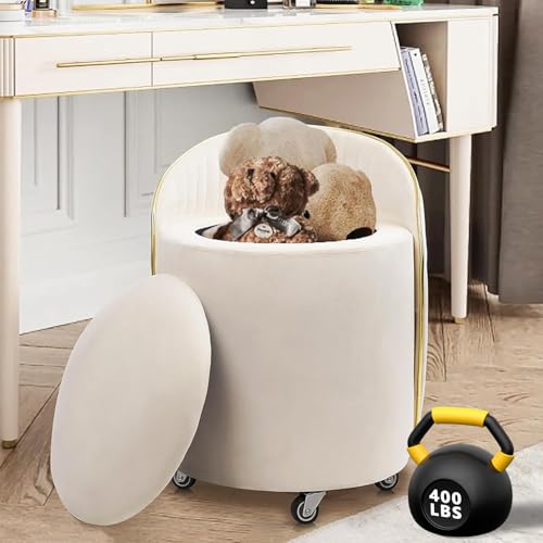 Klasika Runder Samt Hocker mit Stauraum Lendenstütze Drehbarer Schminkhocker mit Lenkrollen Beiger Multifunktionshocker für Wohnzimmer Schlafzimmer als Beistelltisch Fußbank Klasika Runder Samt Hocker mit Stauraum Lendenstütze Drehbarer Schminkhocker mit Lenkrollen Beiger Multifunktionshocker für Wohnzimmer Schlafzimmer als Beistelltisch Fußbank von Klasika