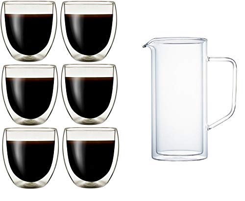 Klasique Doppelwandige Gläser Doppelwandglas 250 ml, Thermoglas mit Schwebeeffekt im 6er Set + Doppelwandiger Krug/Karaffe 1 L, für, Cappucino, Tee, Eistee, Säfte, Wasser, Cola, Cocktails von Klasique