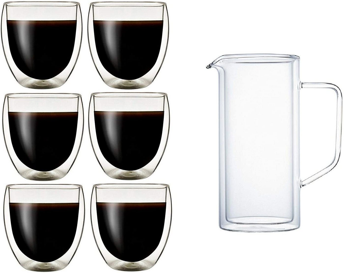 Klasique Gläser-Set 6 Doppelwandige Gläser 0,25L + Karaffe 1L Kaffee-Tasse Isolierglas, Mundgeblasen aus hochwertigem Borosilikatglas, Thermogläser mit Schwebeeffekt, Espresso, Tee, Eistee, Säfte, Wasser von Klasique