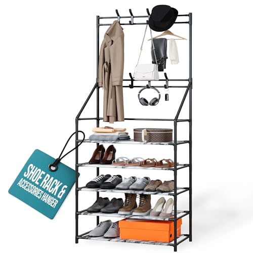 KLASS Schuhregal mit 5 Etagen & leichter Garderobenständer - Mehrzweck-Schuhaufbewahrung Organizer mit 2 Kleiderstangen & 8 Haken - Eingang & Flur Organizer für Schuhe & Accessoires Lagerregal (Marmor von Klass Home Collection
