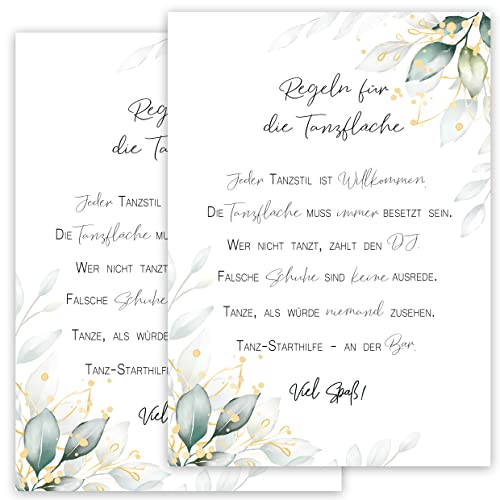 2x Tanzflächen Regeln für die Tanzfläche A4 stablie Poster 400 g/m² Dance Floor Rules Schild Feier Geburtstag Hochzeit Party Spaß Deko Hochzeitsdeko Grün Weiß Gold Blätter Vintage 30 40 50 60 70 80 90 von Klasse