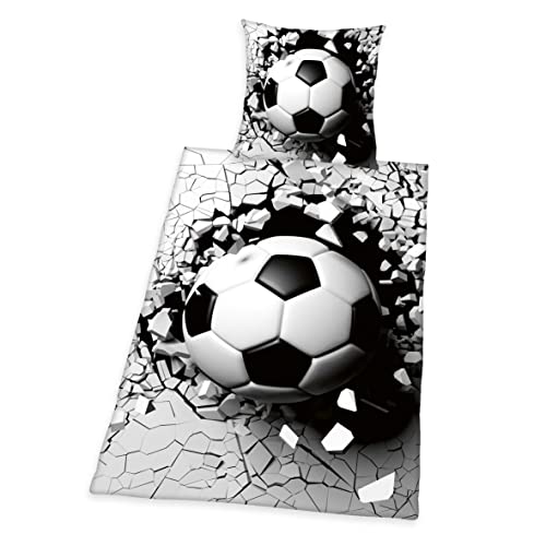 Herding 3D Effekt Bettwäsche-Set, Fußball, Kopfkissenbezug 70 x 90 cm, Bettbezug 140 x 200 cm, Mit leichtläufigem Reißverschluss, 100% Baumwolle/Renforcé, Grau/Weiß von Klaus Herding GmbH