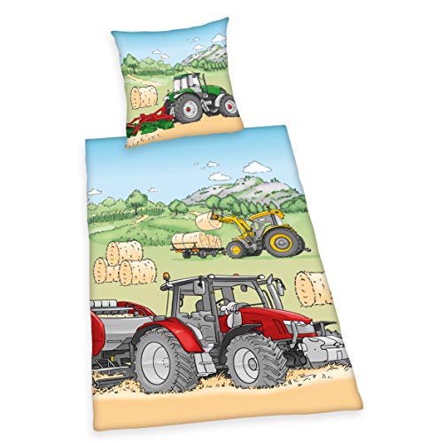 Herding Young Collection Bettwäsche-Set, Traktor Wendemotiv, Kopfkissenbezug 70 x 90 cm, Bettbezug 140 x 200 cm, Baumwolle/Renforcé, Mehrfarbig von Herding