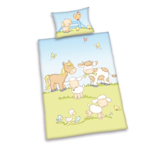 Herding Baby Best Kleinkinder-Bettwäsche-Set, Jana Bauernhof Tiere Wendemotiv, Bettbezug 100 x 135 cm, Kopfkissenbezug 40 x 60 cm, Baumwolle/Renforcé von Klaus Herding GmbH