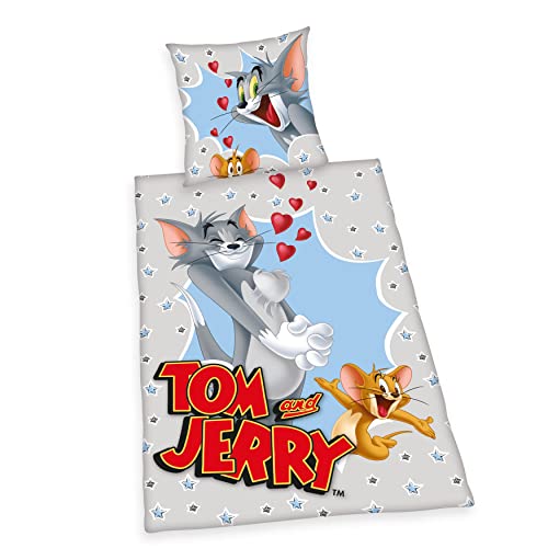 Herding Bettwäsche-Set Tom & Jerry, Kopfkissenbezug 80 x 80 cm, Bettbezug 135 x 200 cm, Mit Knopfleiste, Baumwolle von Klaus Herding GmbH