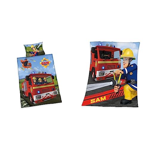 Herding FEUERWEHRMANN SAM Bettwäsche-Set, Wendemotiv, Kopfkissenbezug 40 x 60 cm, Bettbezug 100 x 135 cm, Baumwolle/Renforcé & NN SAM Fleece-Kuscheldecke, 130 x 160 cm, Polyester, Mehrfarbig von Herding