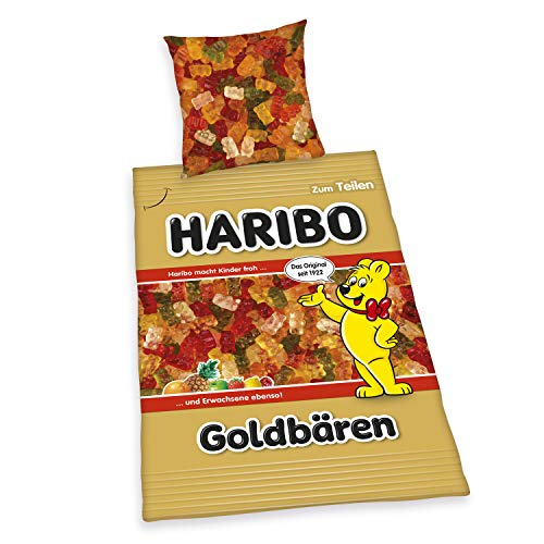 Herding Haribo Goldbärentüte Bettwäsche-Set, Wendemotiv, Kopfkissenbezug 80 x 80 cm, Bettbezug 135 x 200 cm, Mit leichtläufigem Reißverschluss, Baumwolle/Renforcé von Klaus Herding GmbH