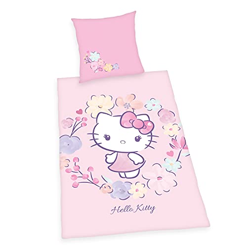 Herding Hello Kitty Bettwäsche-Set, Kopfkissenbezug 80 x 80 cm, Bettbezug 135 x 200 cm, Mit leichtläufigem Reißverschluss, 100% Baumwolle/Renforcé von Klaus Herding GmbH