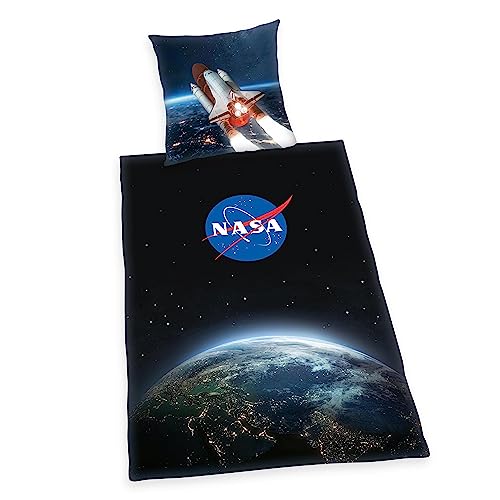 Herding NASA Bettwäsche-Set, Kopfkissenbezug 80 x 80 cm, Bettbezug 135 x 200 cm, Mit leichtläufigem Reißverschluss, 100% Baumwolle/Renforcé, Schwarz von Klaus Herding GmbH