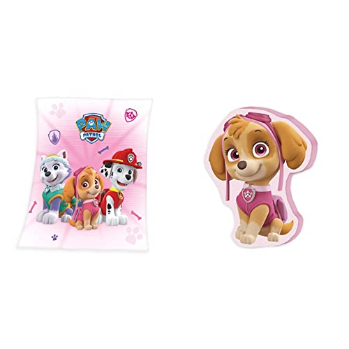 Herding PAW Patrol Kuscheldecke, 130 x 160 cm, Polyester, Rosa & Paw Patrol Konturenkissen, 35 x 20 x 5 cm, Polyester von Herding