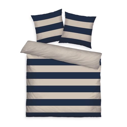 TOM TAILOR Renforcé-Bettwäsche, 2*80x80 cm + 200x220 cm, 100% Baumwolle/ Renforcé, mit Wendemotiv und farbigem Markenreißverschluss, BOLD STRIPES Blau, Beige (Dark Navy & Sunny Sand) von Herding