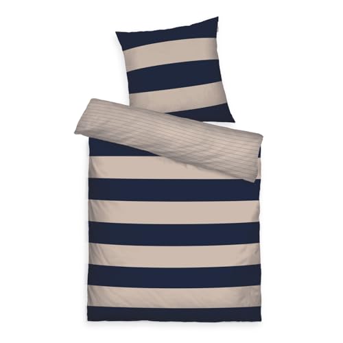 TOM TAILOR Renforcé-Bettwäsche, 80x80 cm + 155x220 cm, 100% Baumwolle/ Renforcé, mit Wendemotiv und farbigem Markenreißverschluss, BOLD STRIPES Blau, Beige (Dark Navy & Sunny Sand) von Klaus Herding GmbH