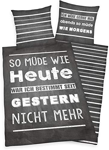 Herding Young Collection Bettwäsche-Set, Wendemotiv mit Spruch, Bettbezug 135 x 200 cm, Kopfkissenbezug 80 x 80 cm, Baumwolle/Renforcé, Grau von Herding