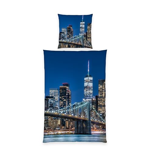 One World Trade Center Brooklyn Bridge Skyline Bettwäsche glatt Empire State Building 135 x 200 cm Kissen 80 x 80 cm 100% Mikrofaser NEU Wow - All-In-One-Outlet-24 - von Herding