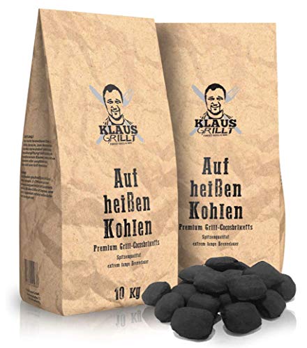 Klaus grillt auf heißen Kohlen Cocos Grillketts Premium Grillbriketts aus Kokos-Kohle - 20kg - extra Lange Brenndauer - ideal für Dutch Oven, Smoker Grillbriketts von Klaus grillt
