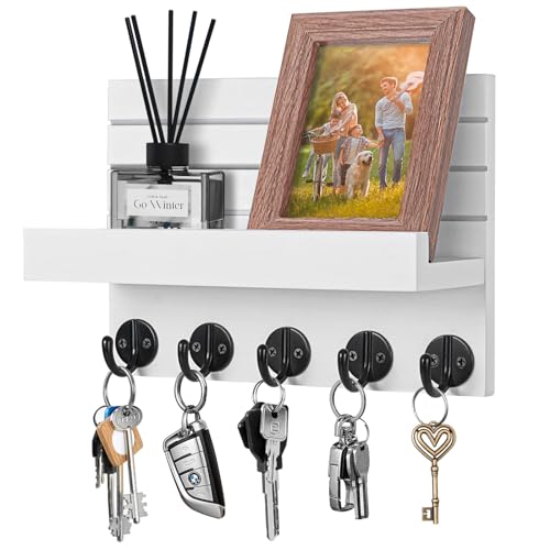 Kldgris Schlüsselbrett mit Ablage, Dekoratives Holz Wandregal, Schlüsselbrett Holz weiß, mit 5 Schlüsselhaken, für Eingang, Flur, Schlafzimmer, Wohnzimmer von Kldgris