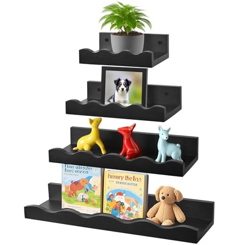 Kldgris Wandregal Schweberegal, 4er Set Regal Kinderzimmer Wand, Wandregale aus Holz in Verschiedenen Größen, Wandboard Schwarz für Wohnzimmer, Bad, Schlafzimmer, Küche Lagerung & Organisation von Kldgris
