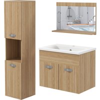 kleankin Badezimmermöbel-Set 3-teilig Badezimmerspiegelschrank + suspendierter Unterschrank mit Keramikwaschbecken + Säulenschrank mit verstellbaren Regalen natur   Aosom von Kleankin