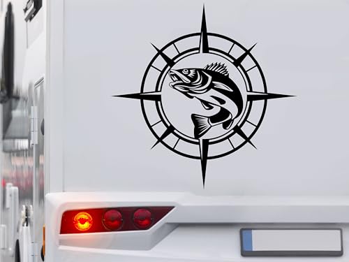 KLEBEKÖNIG Kompass Aufkleber - Fisch Angeln Angler - Wohnmobil Wohnwagen Camping Autoaufkleber Reisen Van Bus Dekor Caravan Wohnanhänger Camper von Klebe könig