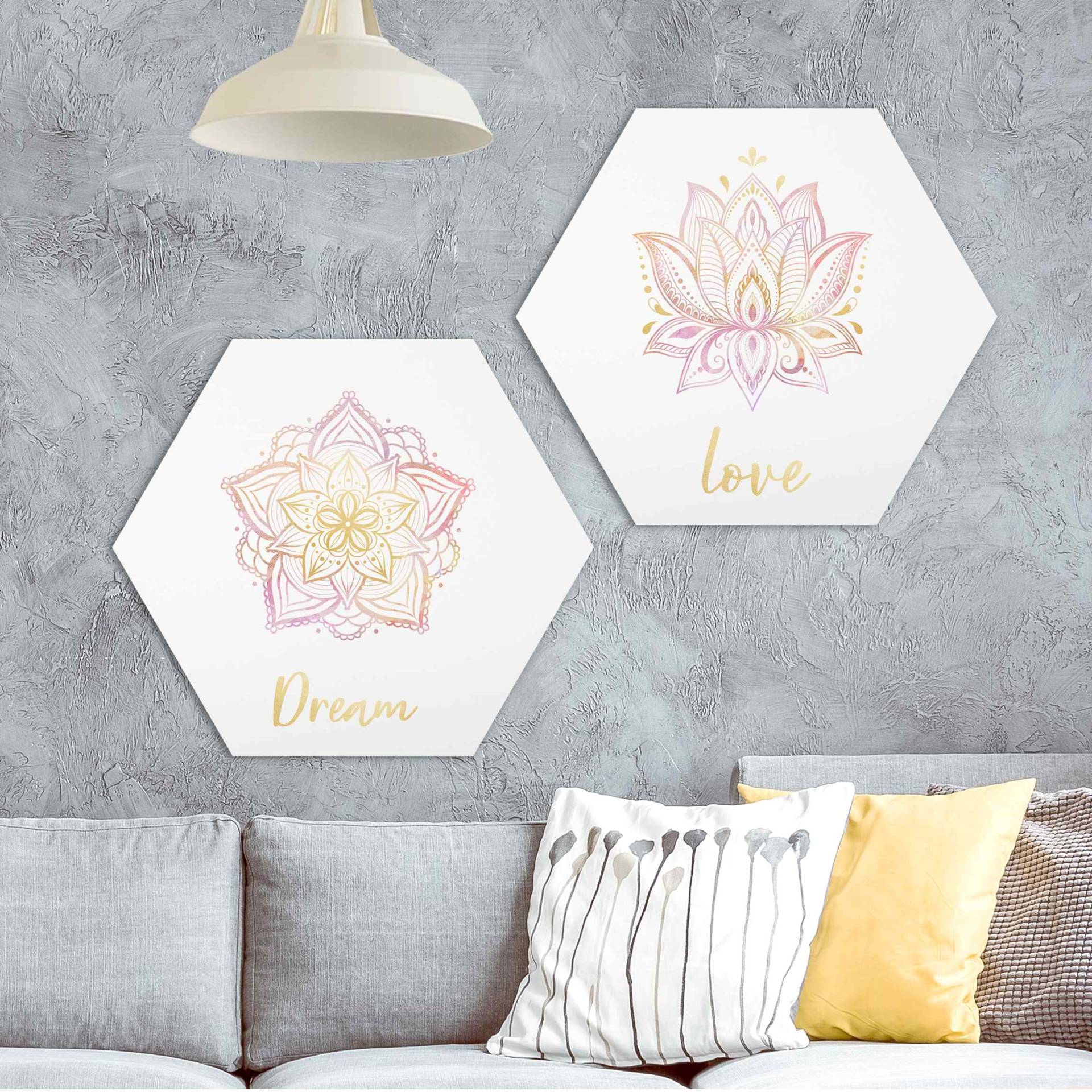 2-teiliges Hexagon-Alu-Dibond Bild Mandala Dream Love Set Gold Rosa von Klebefieber