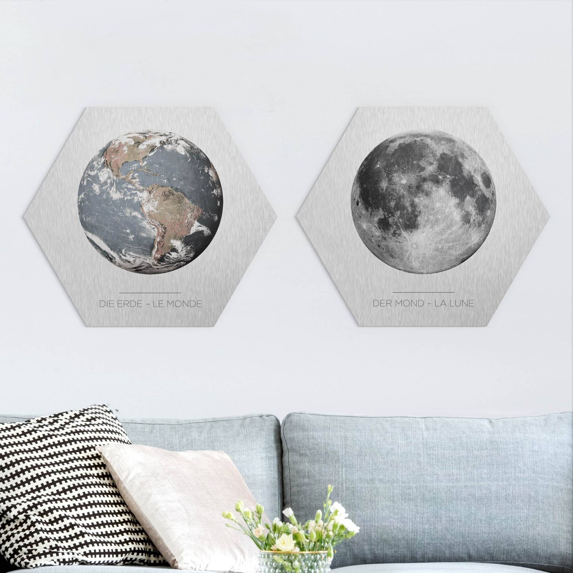 2-teiliges Hexagon-Alu-Dibond Bild Mond und Erde von Klebefieber