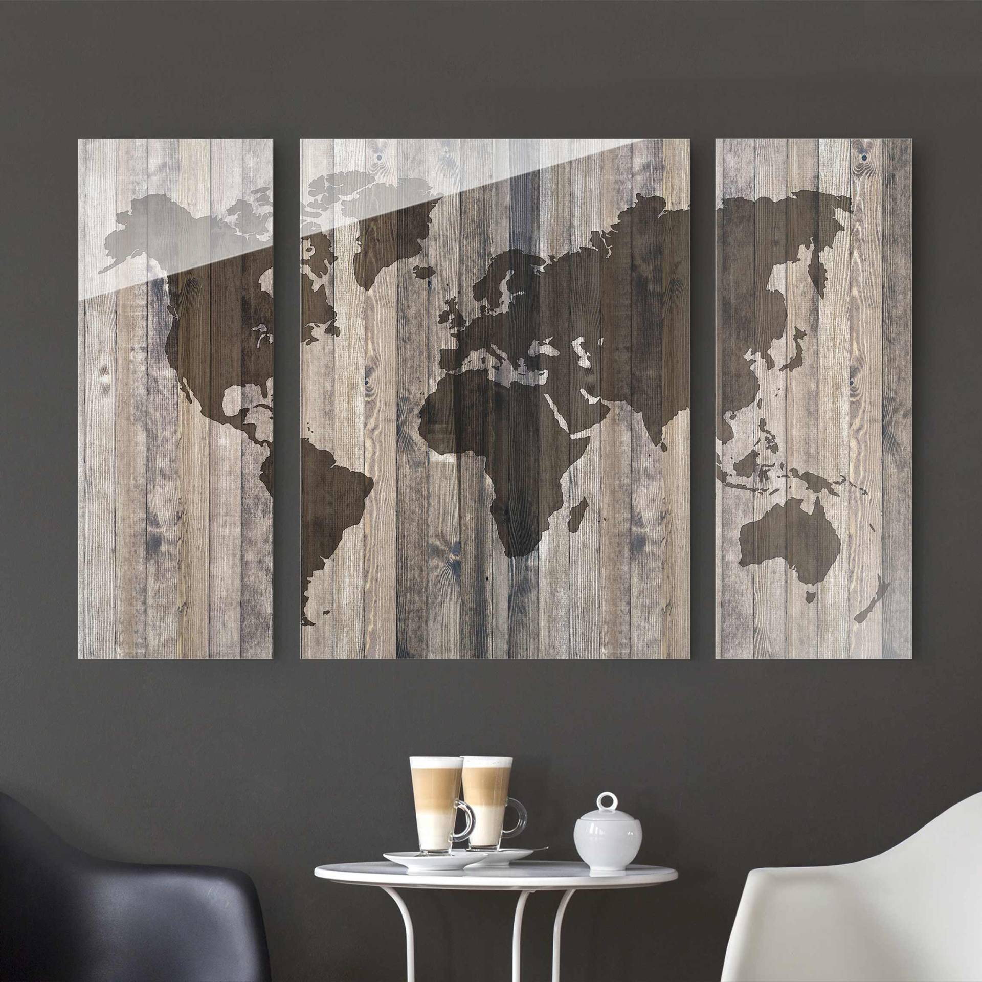 3-teiliges Glasbild Holz Weltkarte von Klebefieber