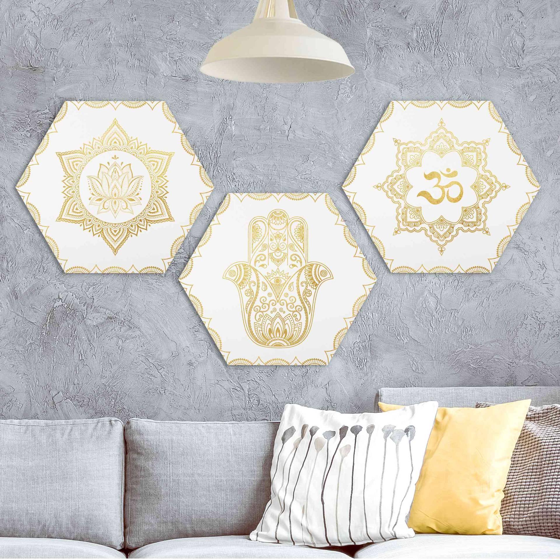 3-teiliges Hexagon-Forexbild Hamsa Hand Lotus OM Illustration Set Gold von Klebefieber