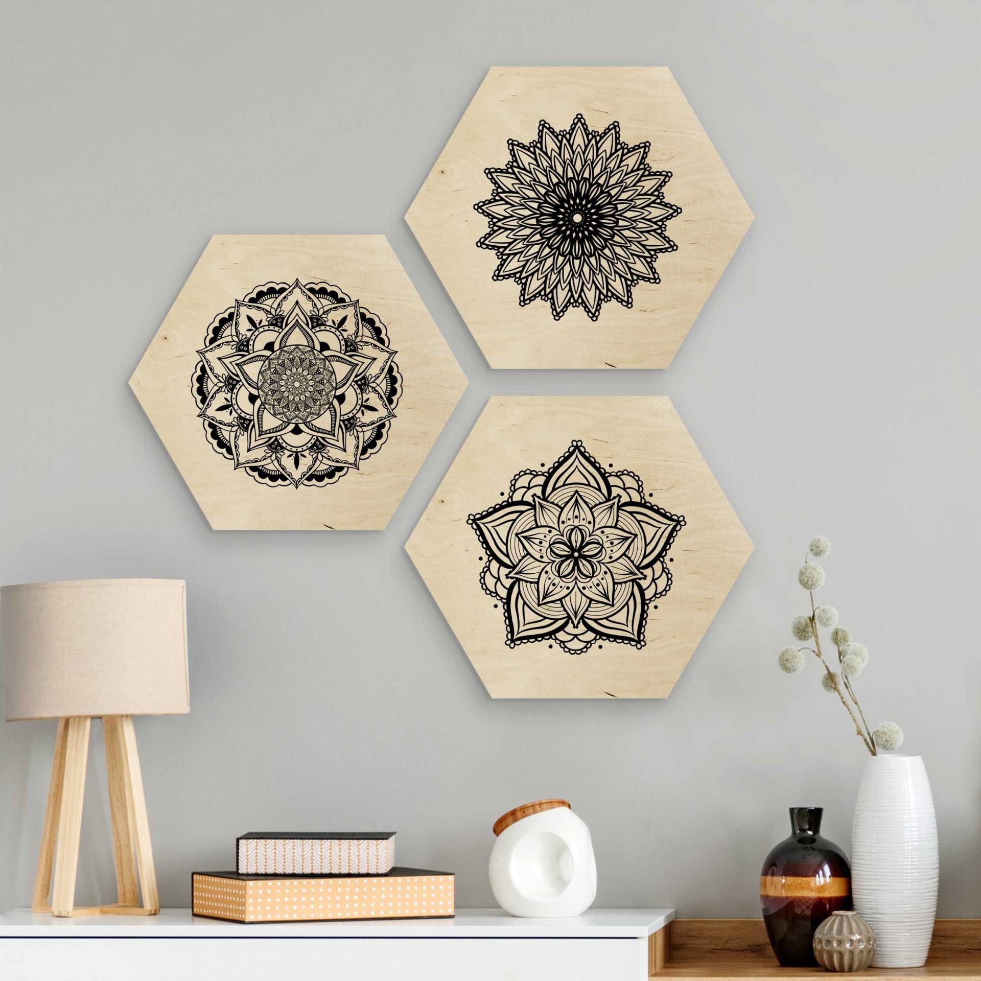 3-teiliges Hexagon-Holzbild Mandala Blüte Sonne Illustration Set Schwarz Weiß von Klebefieber