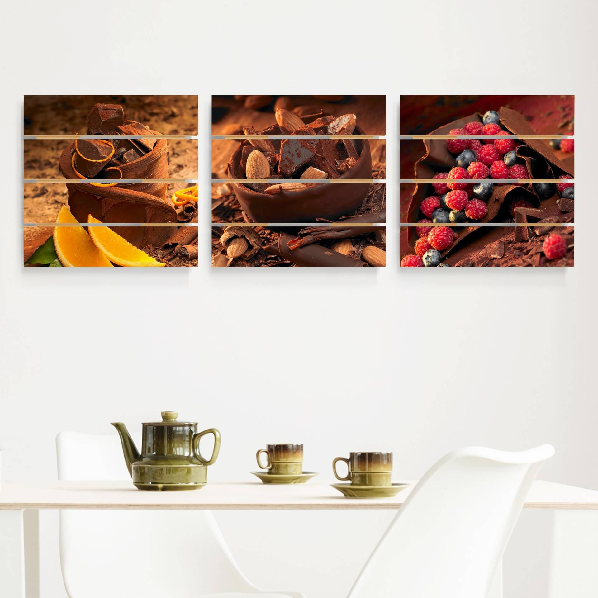 3-teiliges Holzbild Plankenoptik Schokolade mit Früchten und Mandeln von Klebefieber