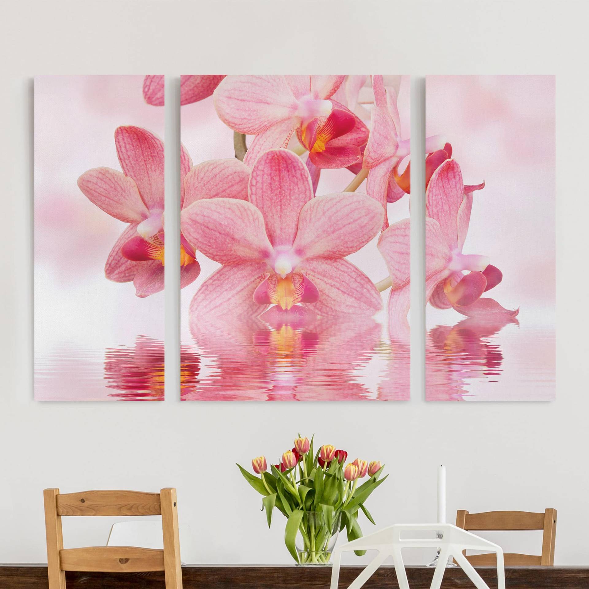 3-teiliges Leinwandbild Blumen Rosa Orchideen auf Wasser von Klebefieber