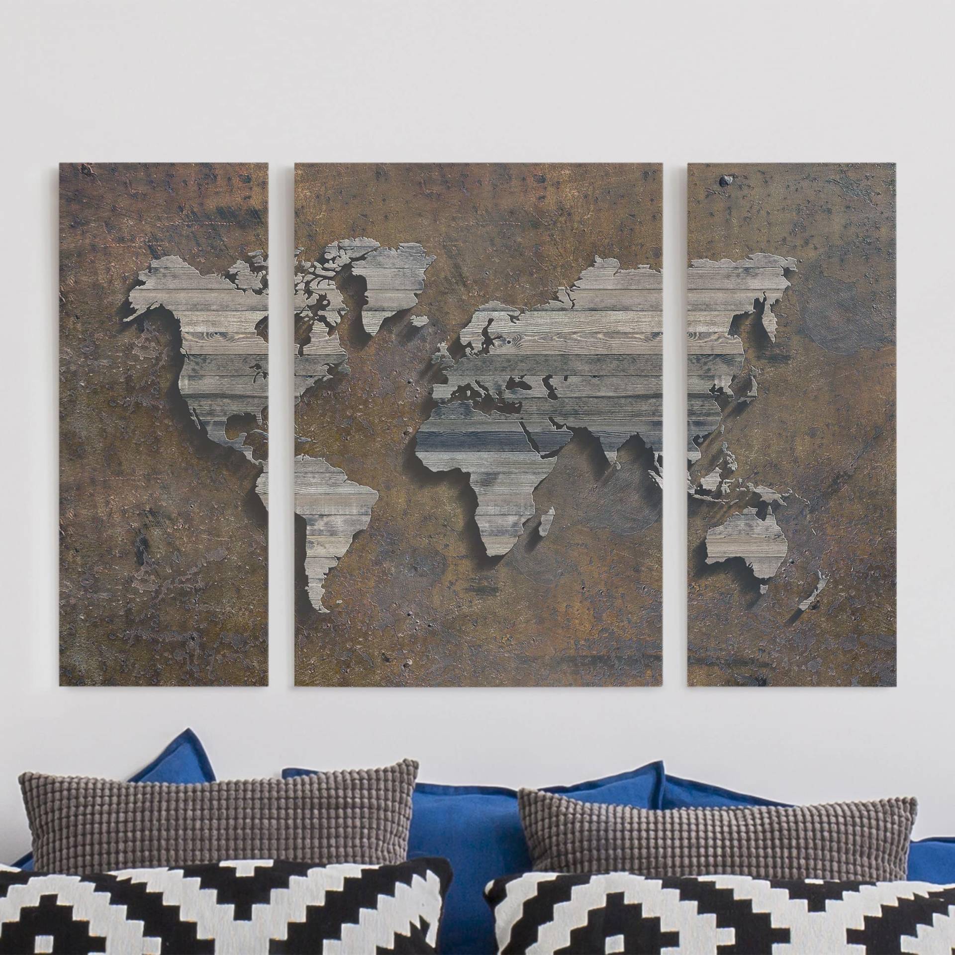 3-teiliges Leinwandbild Weltkarte Holz Rost Weltkarte von Klebefieber