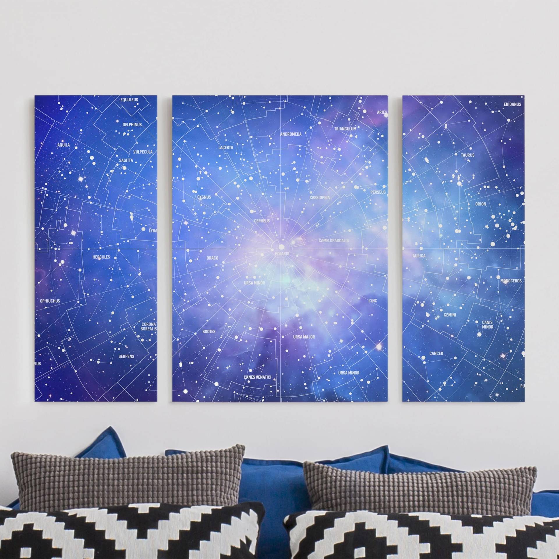 3-teiliges Leinwandbild Weltkarte Sternbild Himmelkarte von Klebefieber