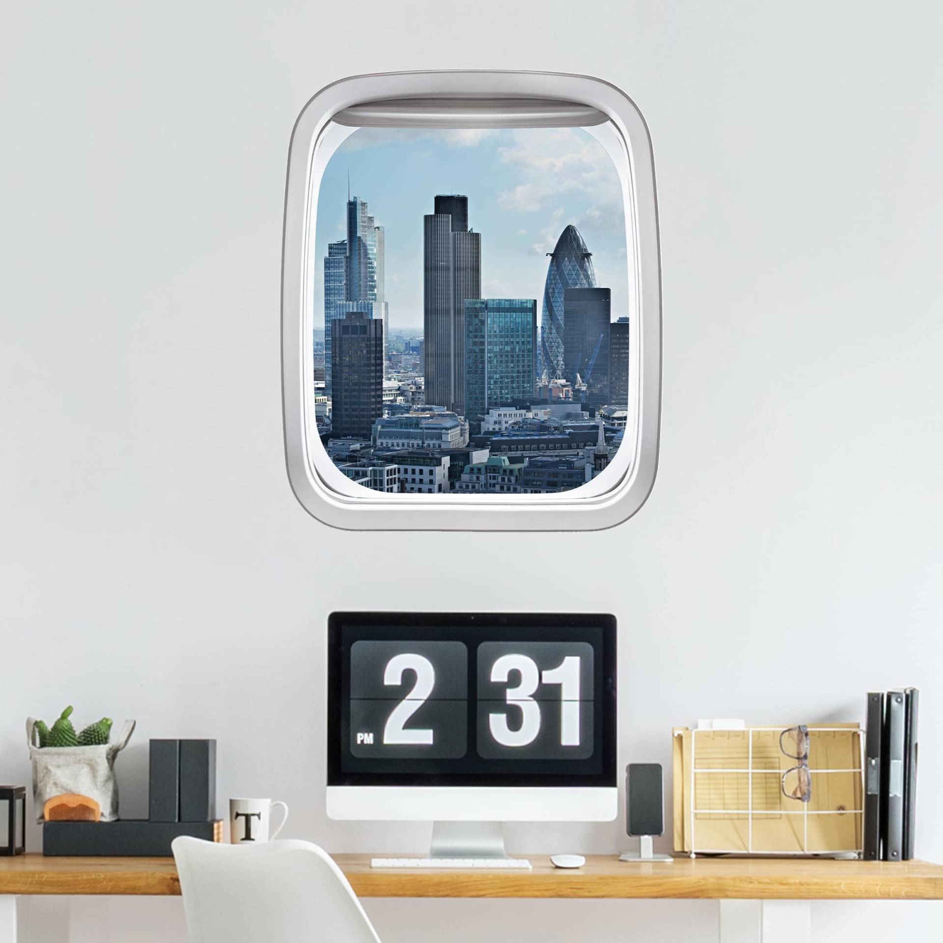 3D Wandtattoo Fenster Flugzeug London Skyline von Klebefieber