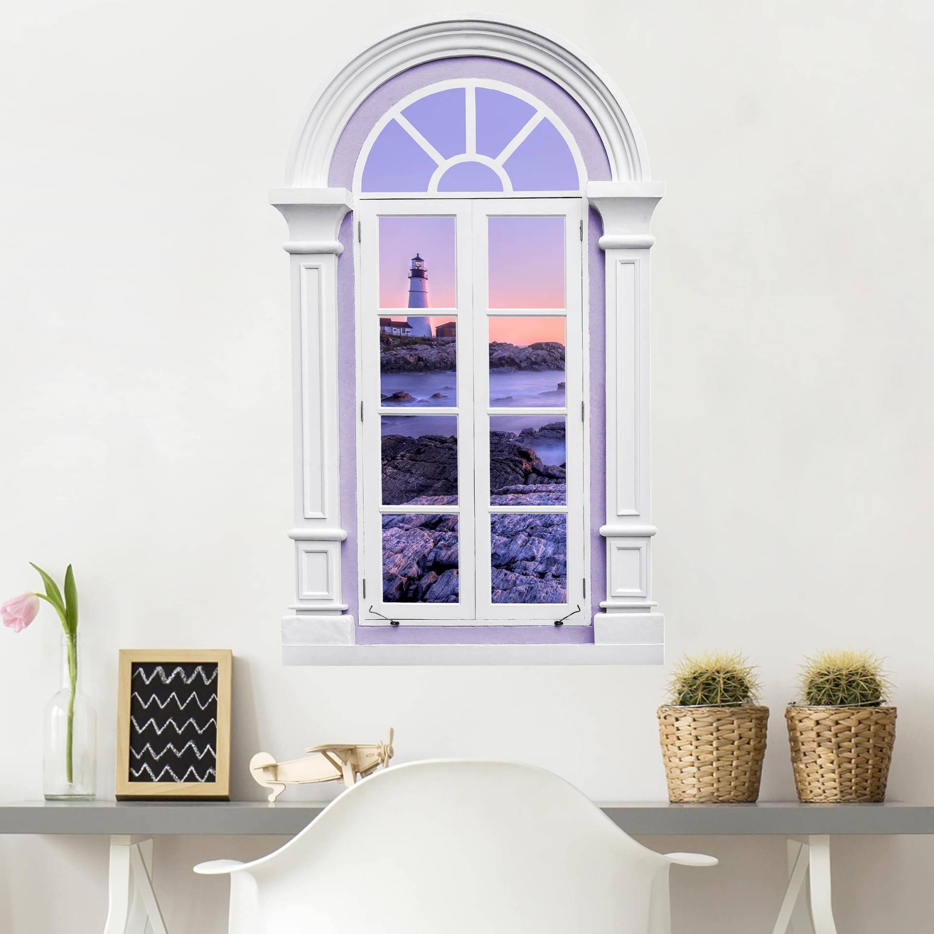 3D Wandtattoo Fenster Mediterran Leuchtturm am Morgen von Klebefieber