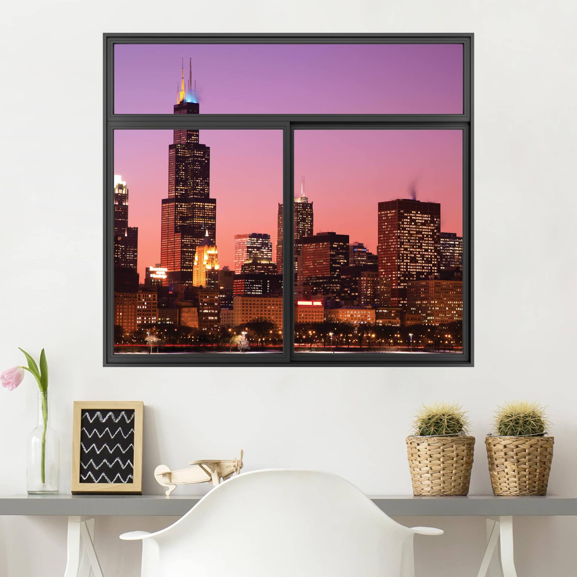3D Wandtattoo Fenster Schwarz Chicago Skyline von Klebefieber