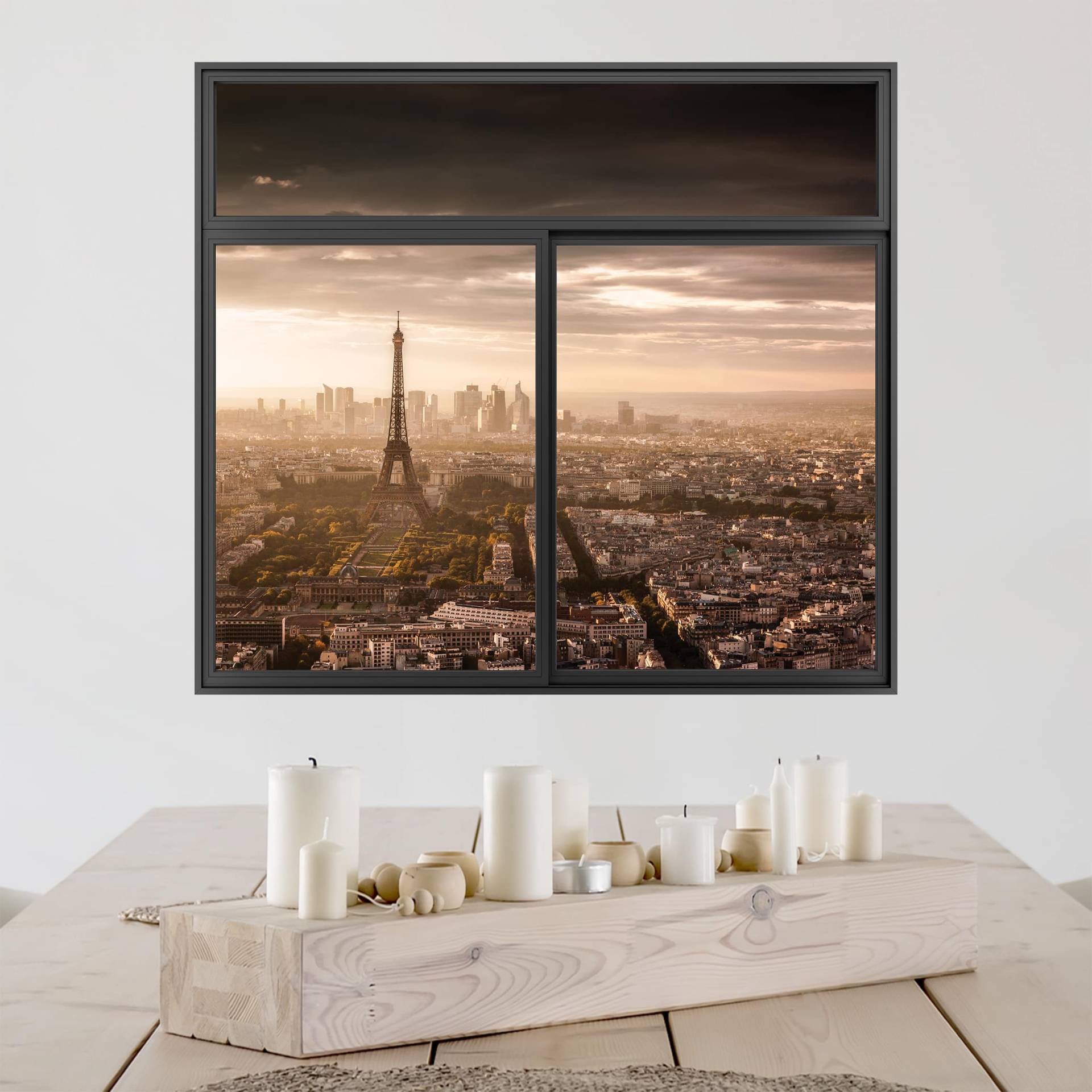 3D Wandtattoo Fenster Schwarz Großartiger Blick über Paris von Klebefieber