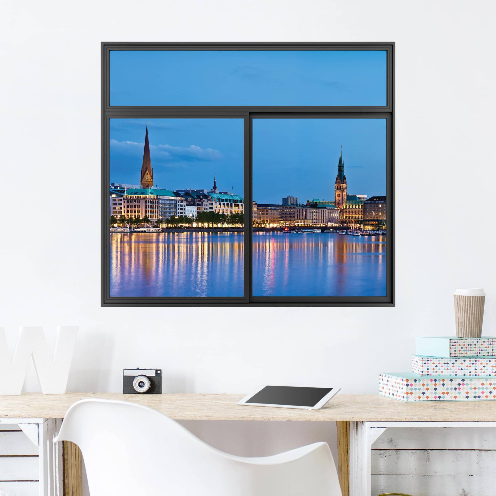 3D Wandtattoo Fenster Schwarz Hamburg Skyline von Klebefieber